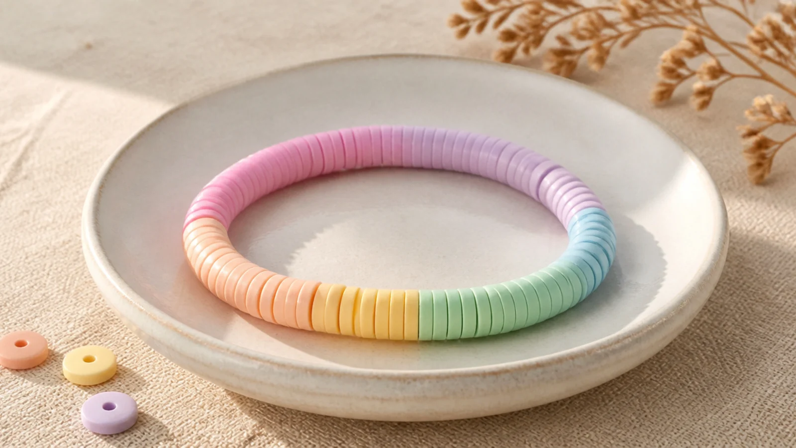 A single stretch bracelet of flat clay disc beads in a soft pastel rainbow order, blush, peach, butter, mint, sky blue, and lilac.