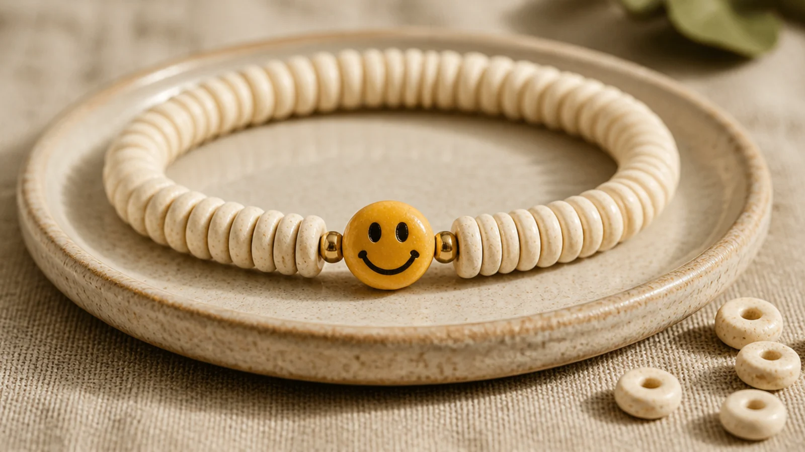 A row of cream clay disc beads with a single round yellow smiley-face bead centered on the front and a tiny gold spacer on each side.