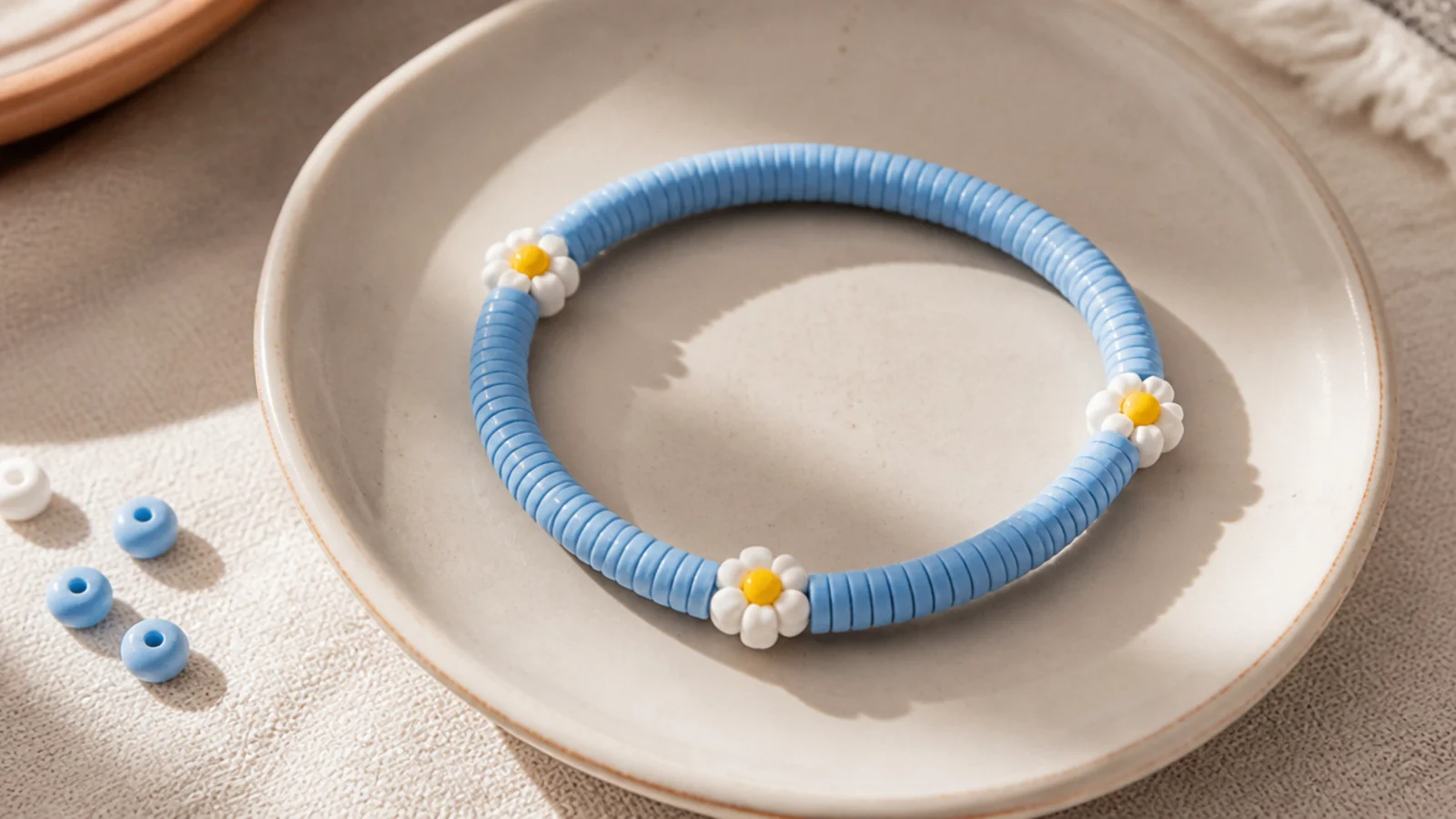 A sky-blue clay bead bracelet with three small white-and-yellow daisy flower beads spaced evenly around the band.