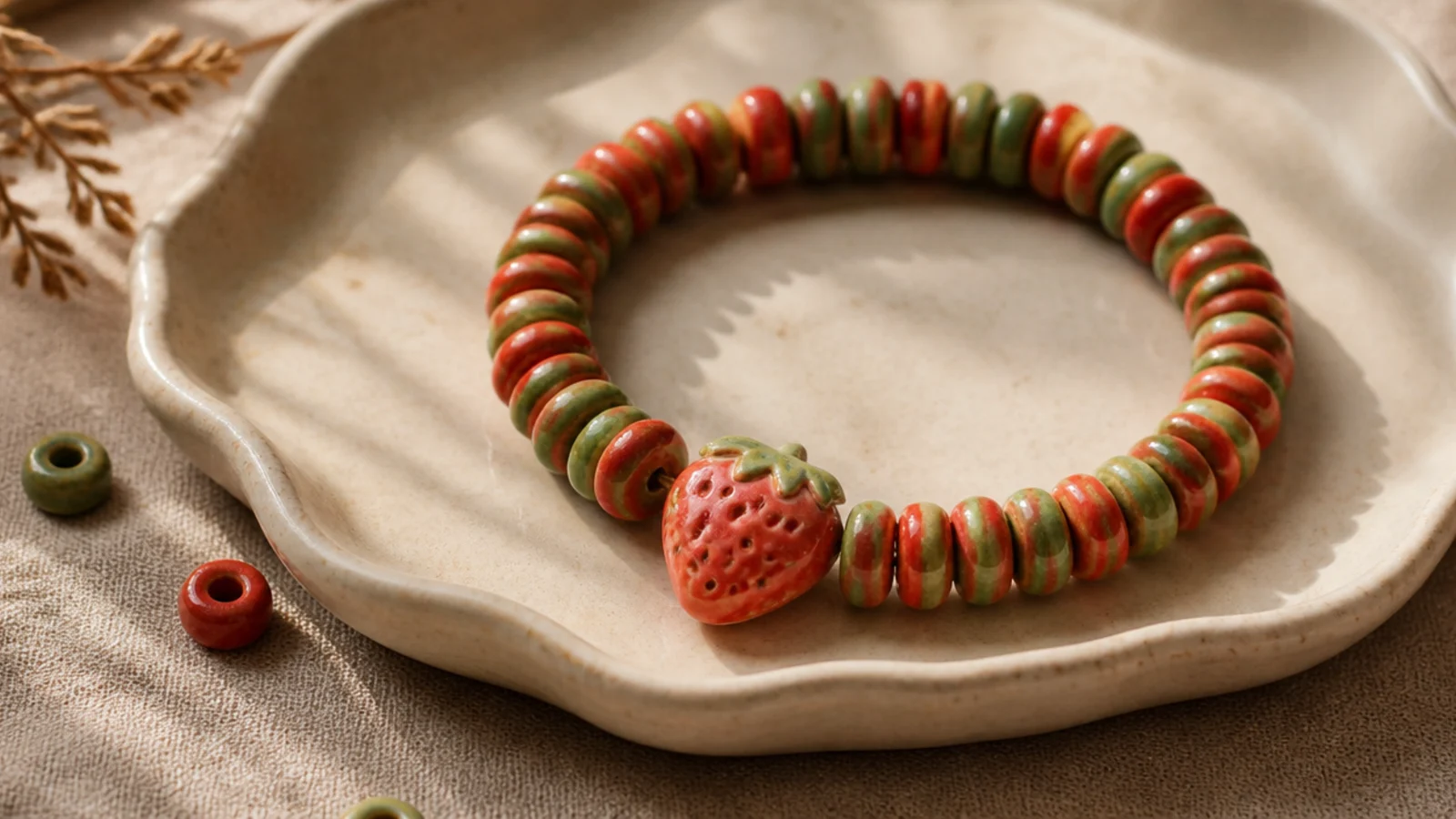 A bracelet of red and green clay disc beads with a single ceramic strawberry fruit bead as the centerpiece.