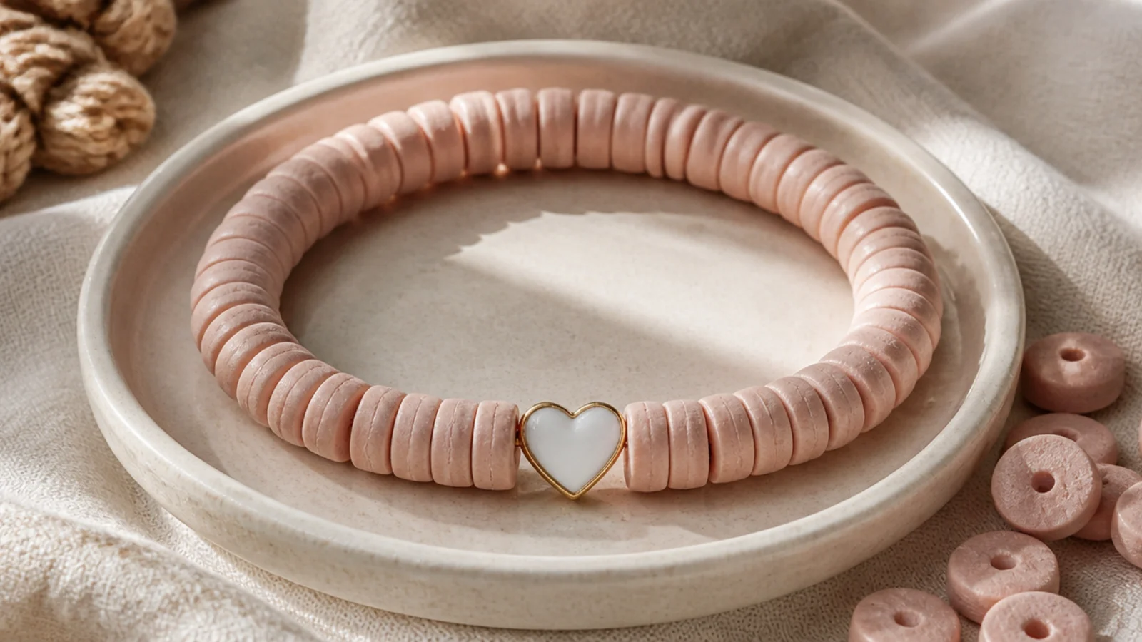 A blush-pink clay bead bracelet with a single small enamel heart bead centered on the front.