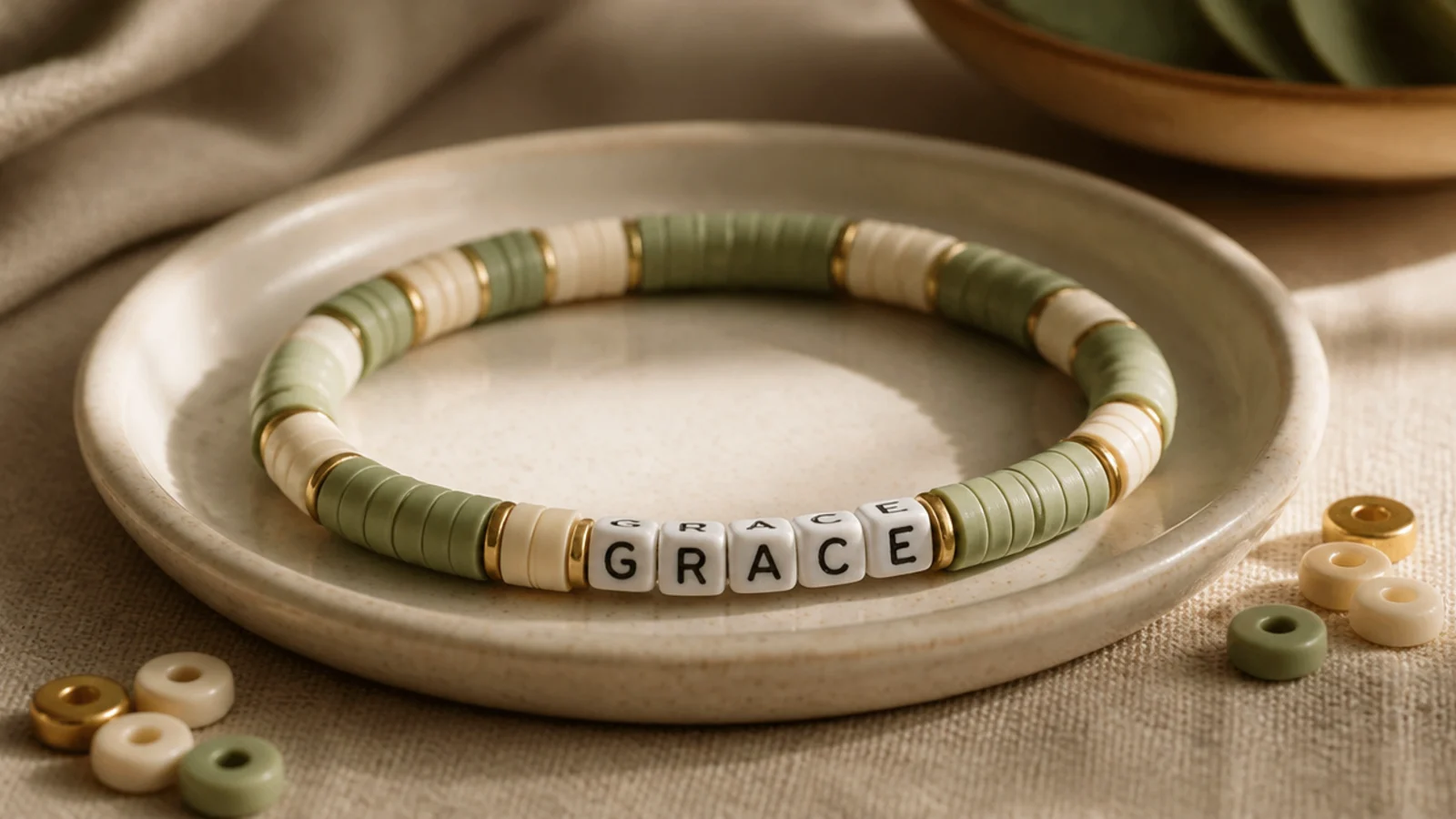 A cream and sage clay bead bracelet spelling a short name in white square letter beads across the front.