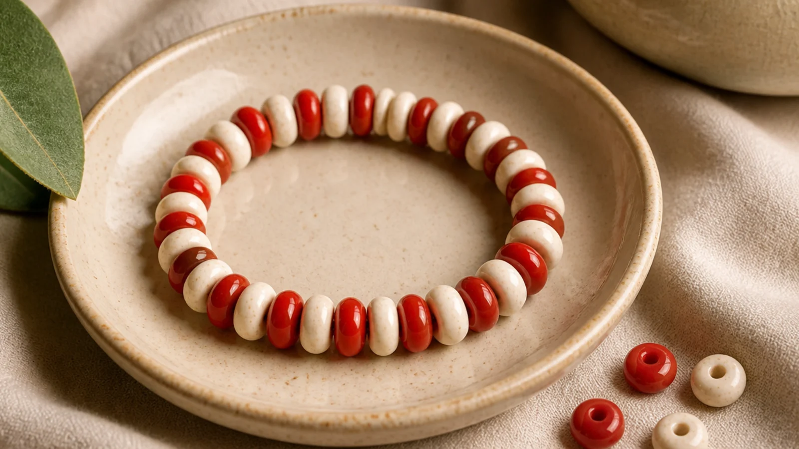 A bracelet alternating glossy cherry-red and cream clay disc beads in a simple two-color pattern.