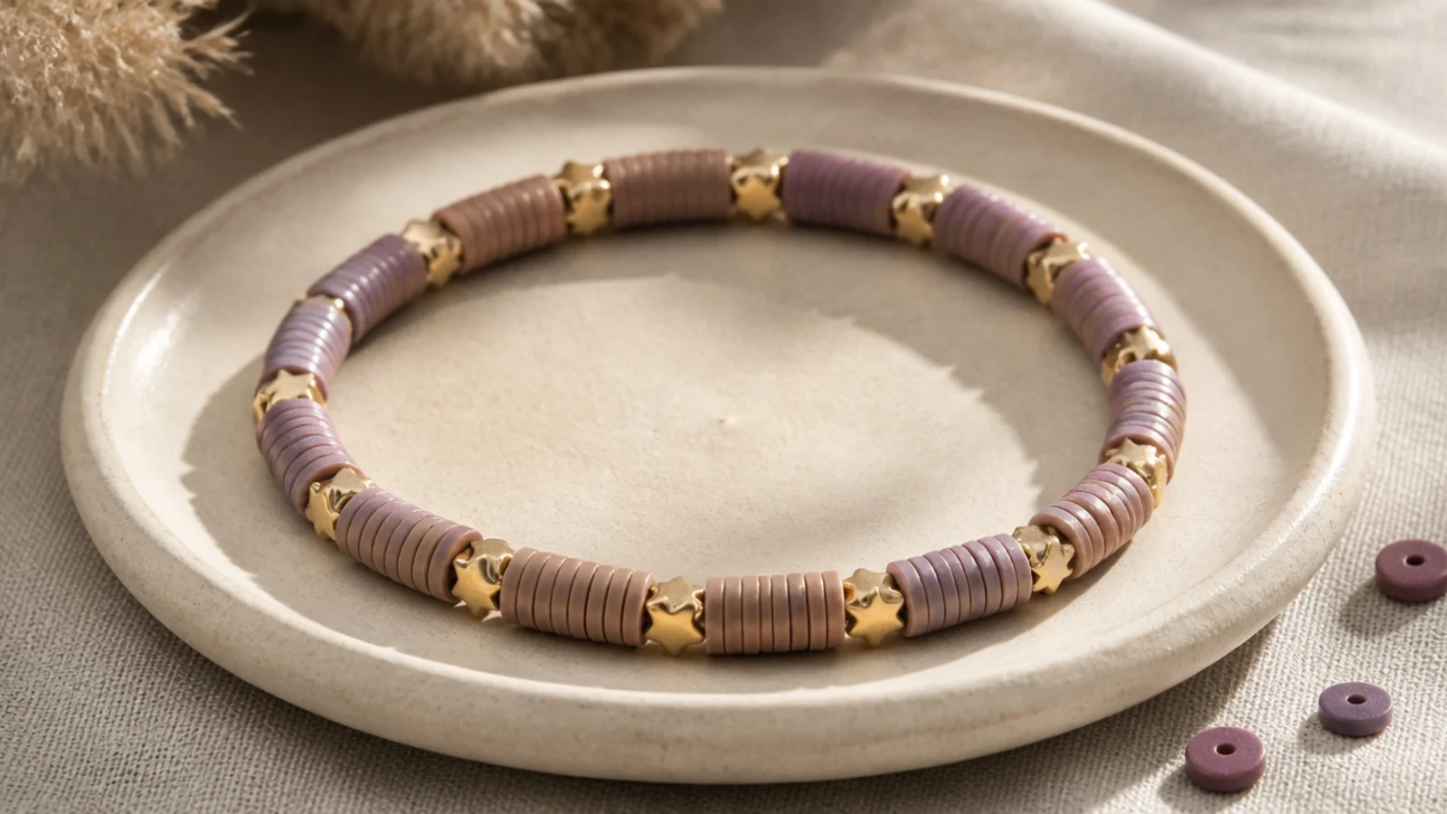A dusty-lilac clay bead bracelet with tiny gold star beads sprinkled evenly between the clay discs.