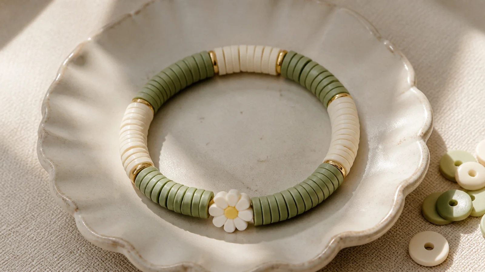 A bracelet of sage green and cream clay disc beads in soft blocks with one small daisy bead accent.