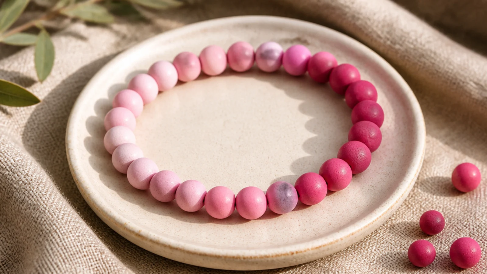 A clay bead bracelet fading from pale baby pink through bubblegum to deep magenta around the band.