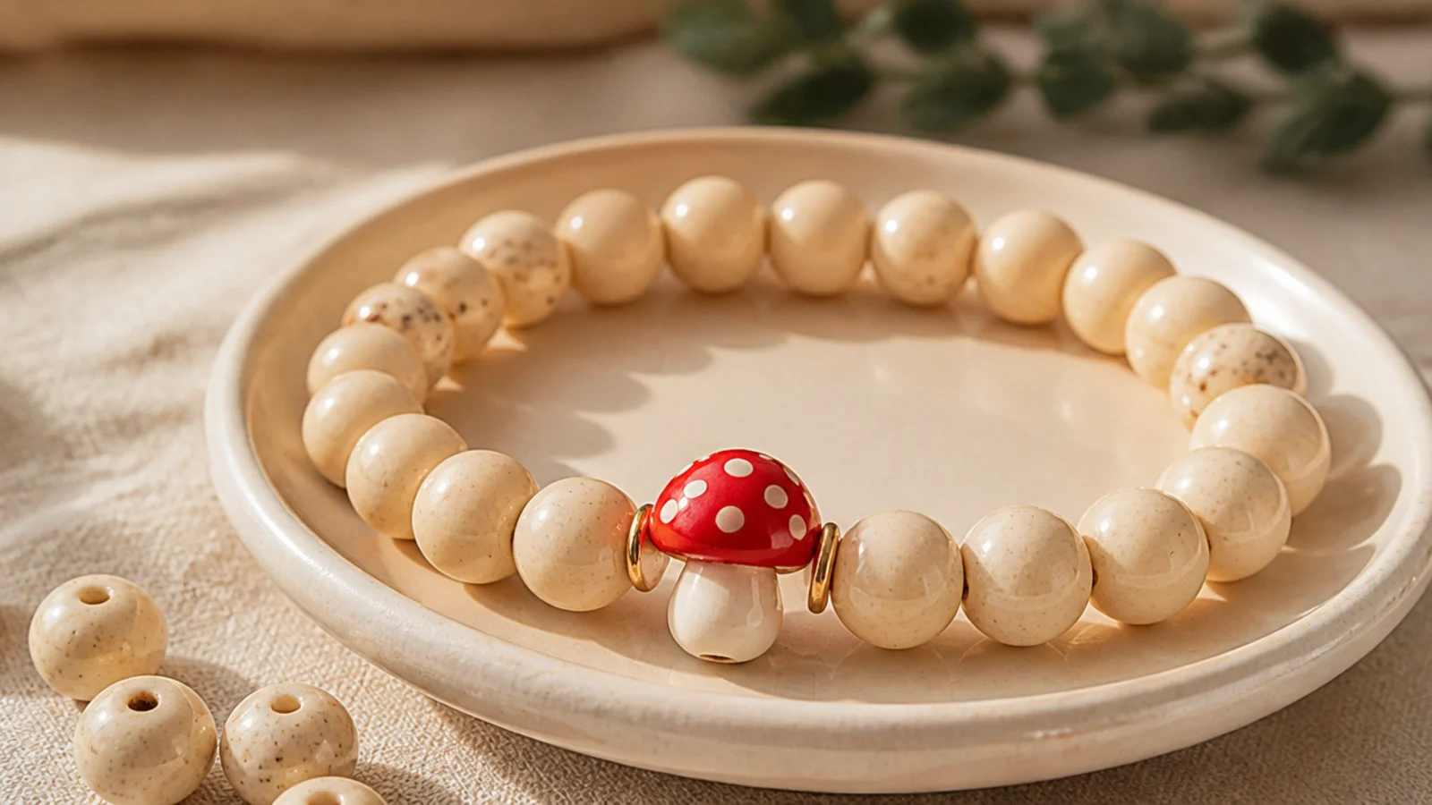 A cream clay bead bracelet with a single red-and-white spotted mushroom bead as the front focal.