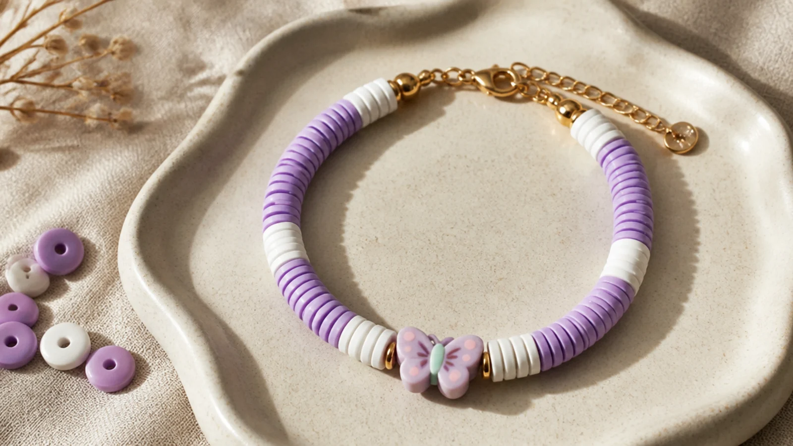 A lavender and white clay bead bracelet with a small pastel butterfly bead centered on the front.