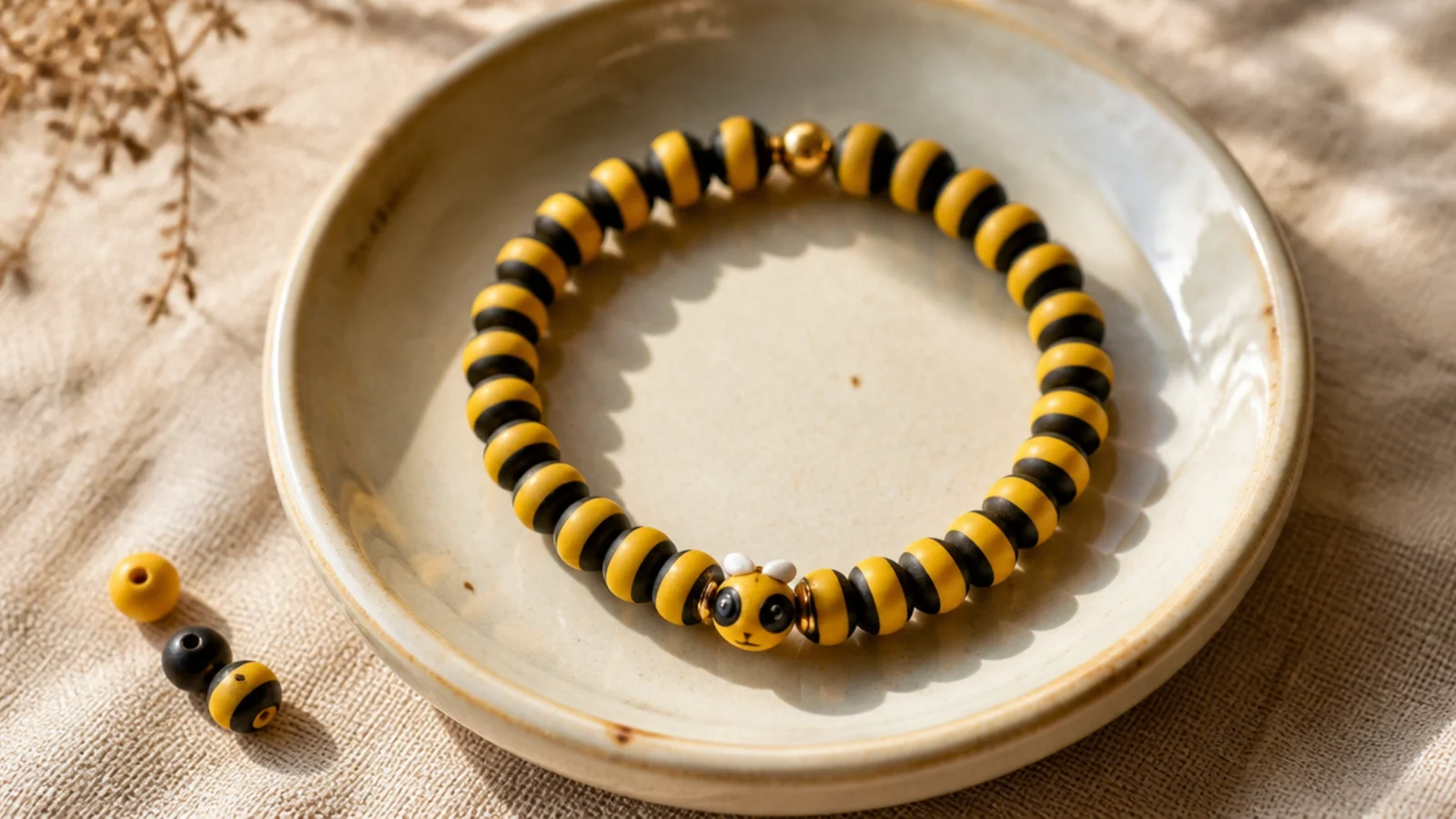 A yellow and black striped clay bead bracelet with one small enamel bee bead as the focal.