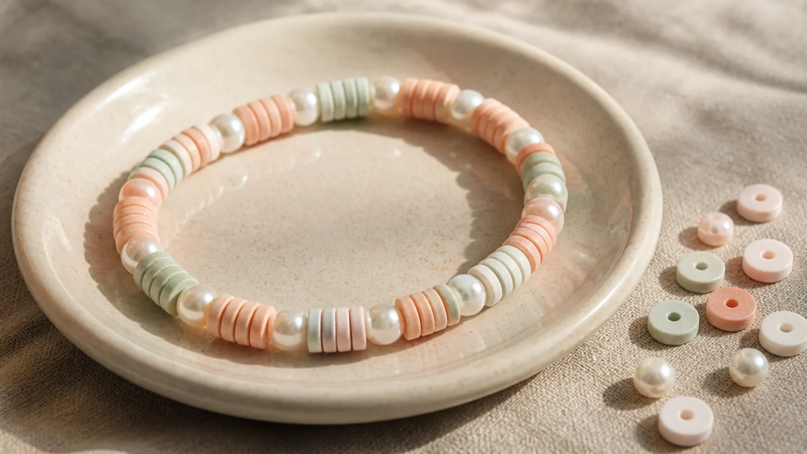 A bracelet mixing pastel clay disc beads with small round faux-pearl beads scattered throughout.