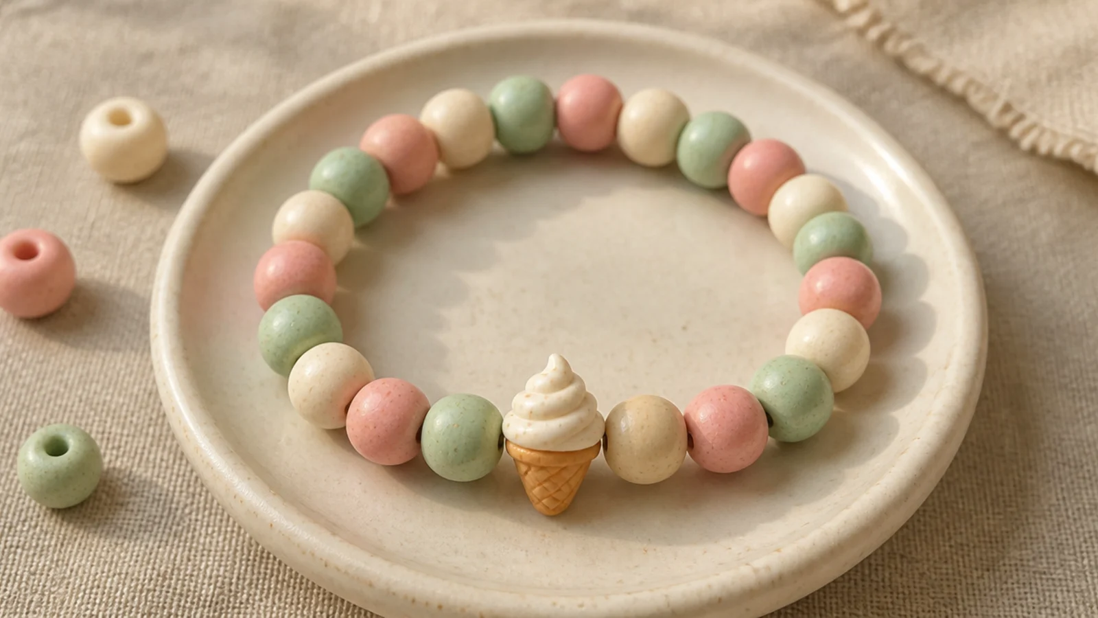 A bracelet in soft mint, strawberry, and vanilla clay beads with a tiny ice-cream cone bead focal.