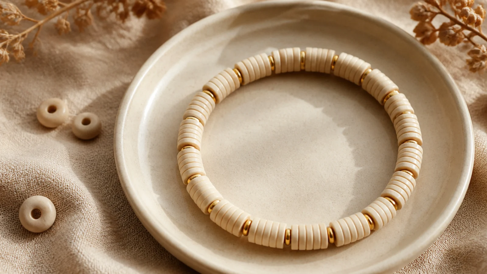 A cream clay bead bracelet with tiny gold rondelle spacer beads placed evenly between the discs.