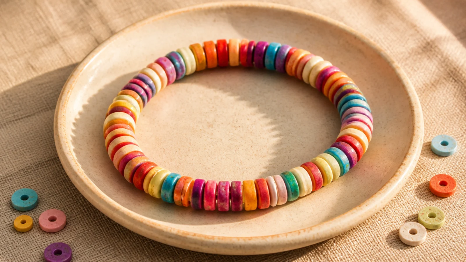 A cheerful bracelet of randomly mixed bright clay disc beads in many colors like scattered confetti.