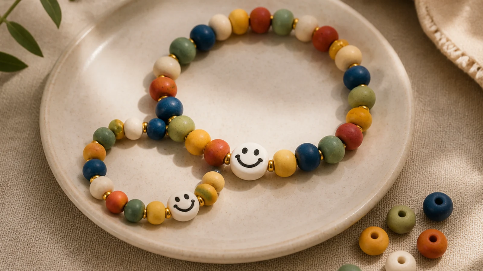 A small child-sized clay bead bracelet in primary-soft colors with a single smiley bead, shown beside a larger matching one.
