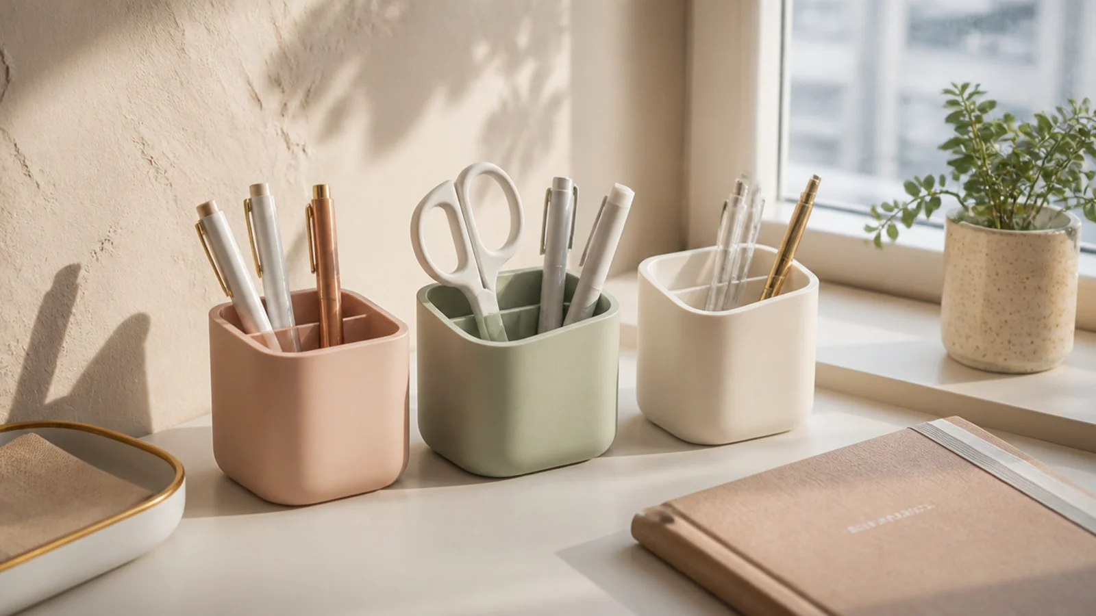 A set of three small pastel acrylic pen holders in blush, mint, and cream, holding pens and scissors on a desk.