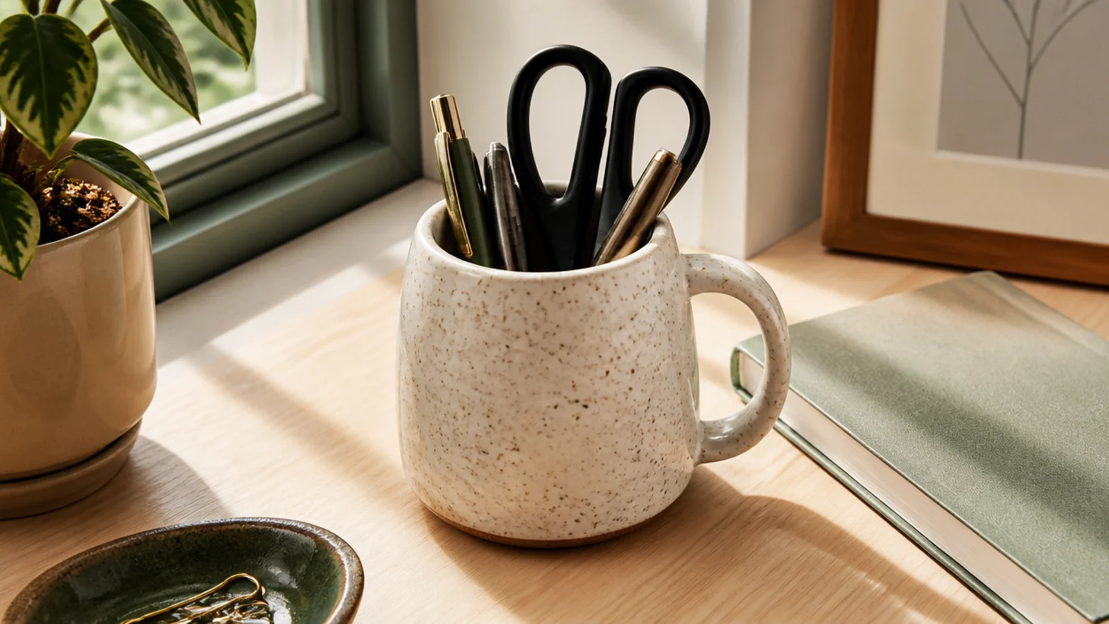 A speckled cream ceramic mug repurposed as a pen holder, filled with a few pens and a pair of scissors.