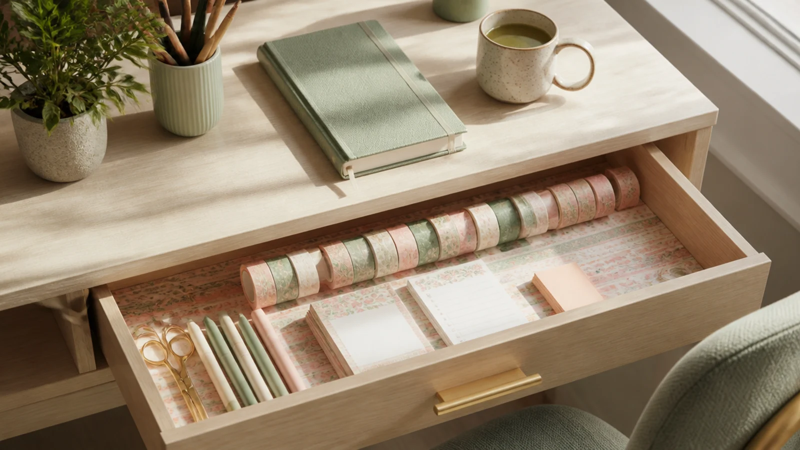 An open desk drawer lined with pastel patterned washi tape or paper, showing a pretty base under the supplies.