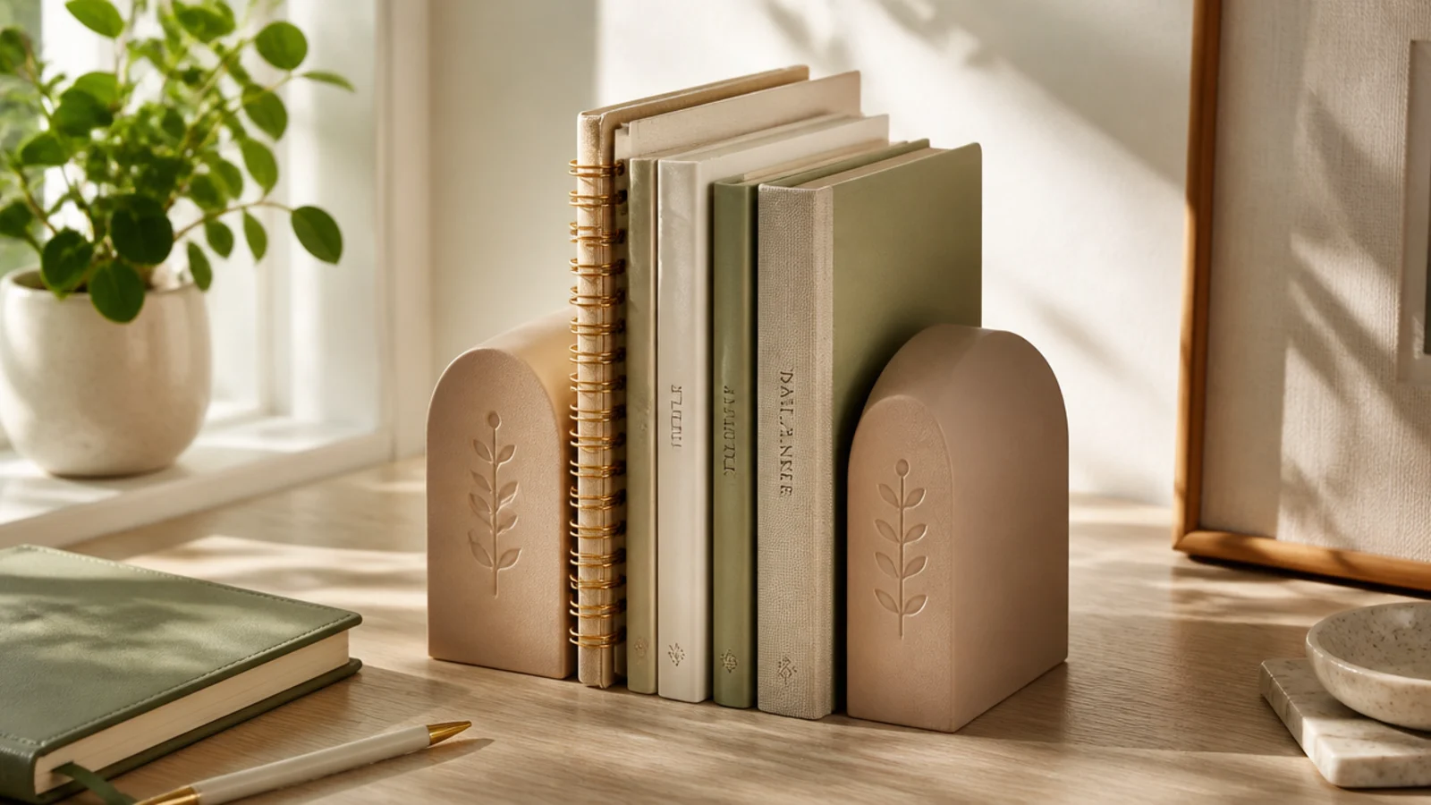 Two small matching bookends in a soft color holding a few notebooks and planners upright on a desk.