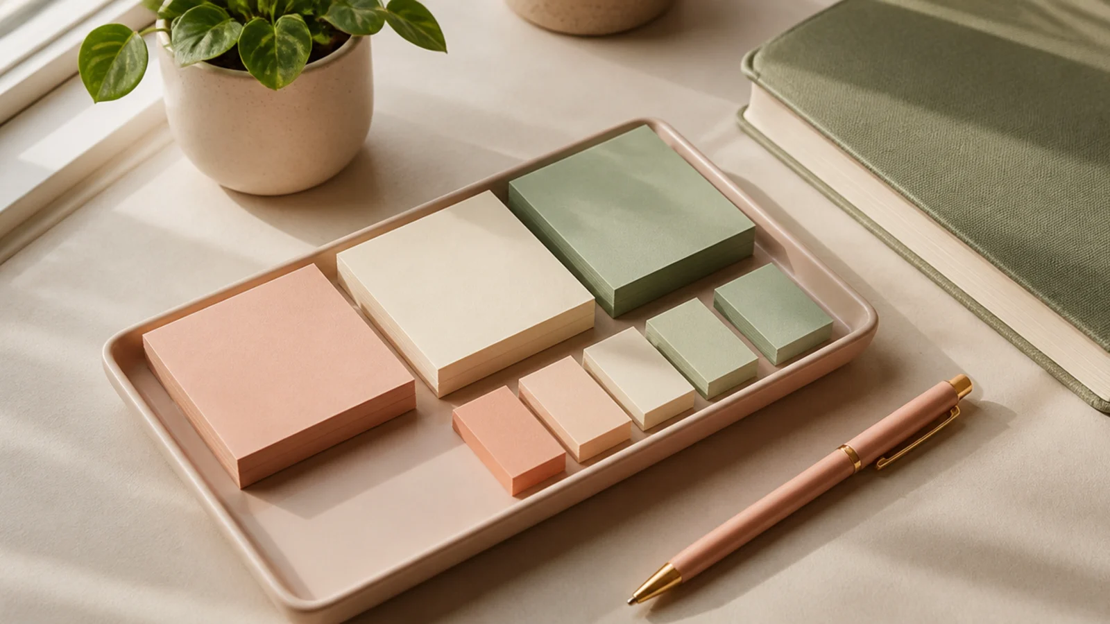 A small tray holding pastel sticky note pads and flags arranged by color, with a matching pen beside them.
