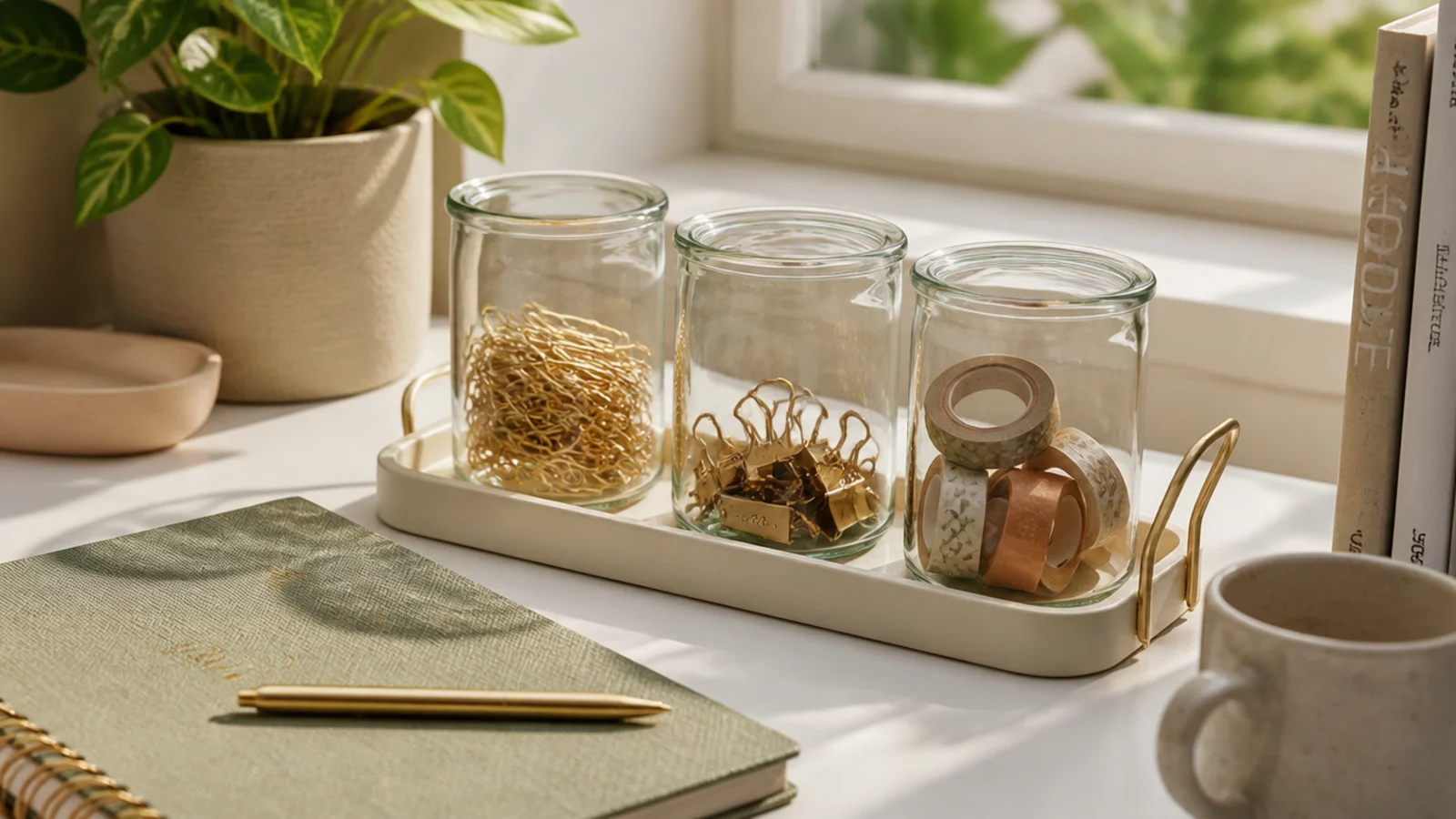 Three matching clear glass jars on a desk shelf holding paper clips, binder clips, and washi tape rolls.