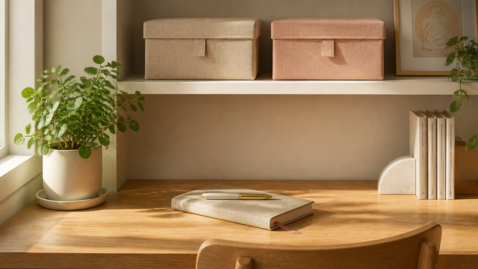 Two soft fabric-covered storage boxes on a shelf above a desk, in linen and blush tones, holding hidden supplies.