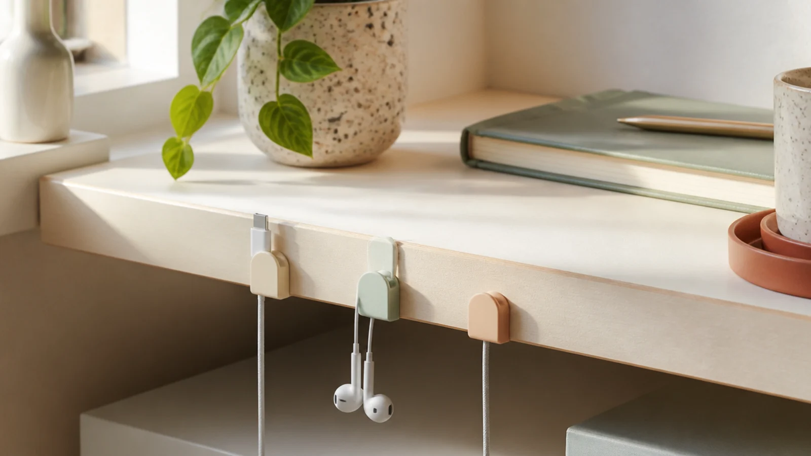 Small pastel silicone cable clips along a desk edge holding a charging cable and earbud cord neatly.
