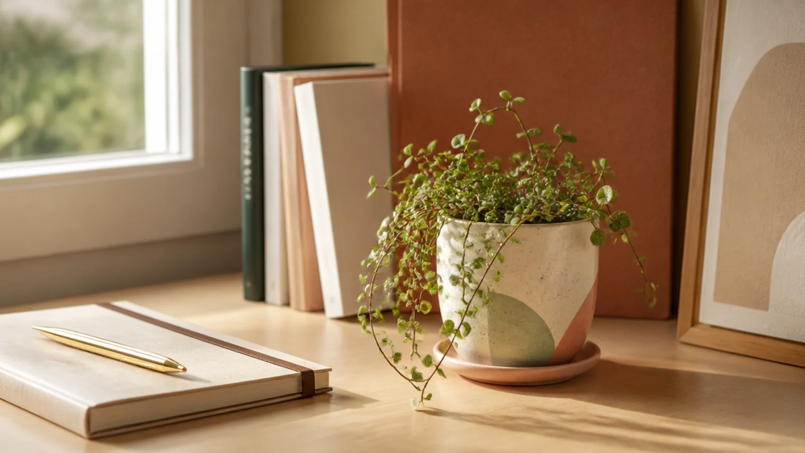 A small trailing plant in a hand-painted pastel pot sitting at the corner of a tidy desk.