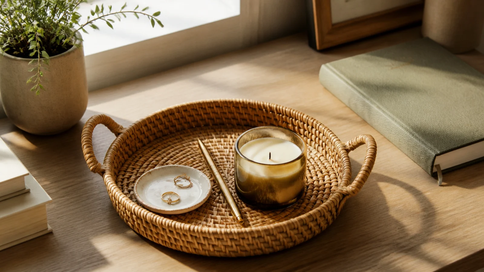 A round woven rattan tray on a desk holding a pen, a small dish, and a candle in a neat grouping.