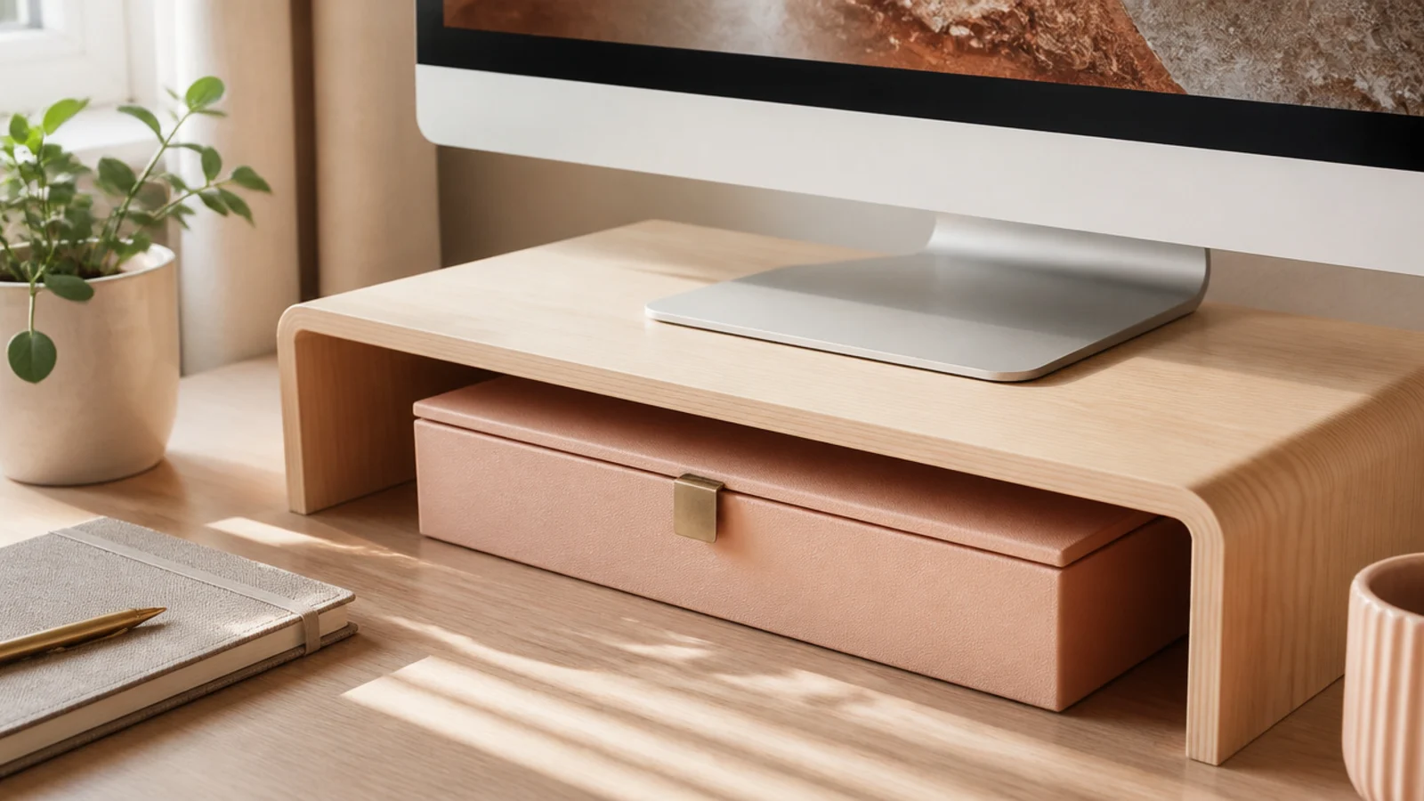 A pale wooden monitor riser lifting a screen, with a soft pastel storage box tucked underneath.