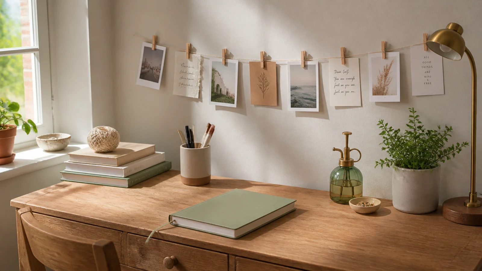 A string of small photos and cards clipped to a twine line with tiny wooden pegs on the wall above a desk.