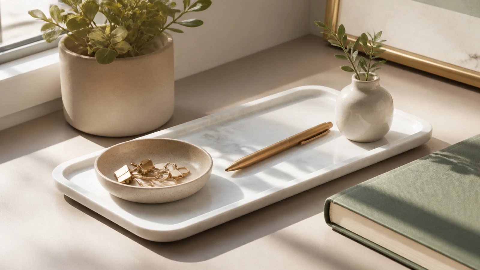 A small white marble-look tray on a desk holding a pen, a clip dish, and a tiny bud vase.