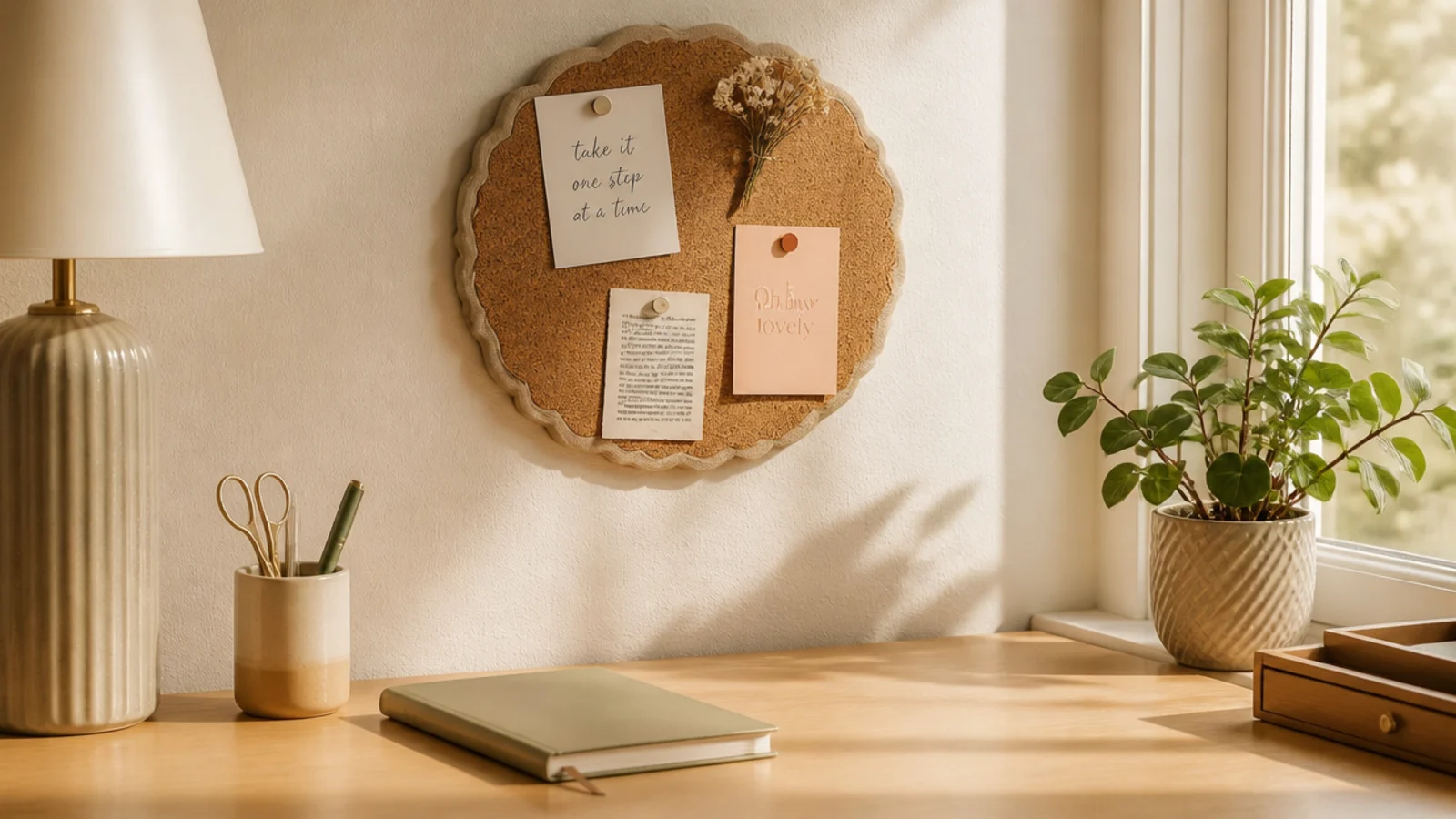 A small scallop-edged cork or fabric memo board on the wall holding a few notes and a pressed flower.