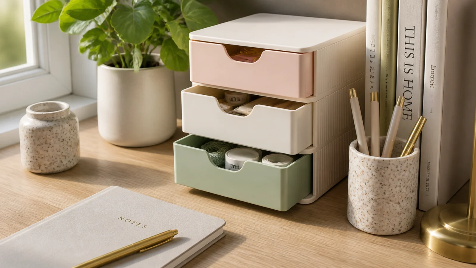 A small pastel three-drawer desktop tower holding sorted small supplies, sitting at the side of a desk.