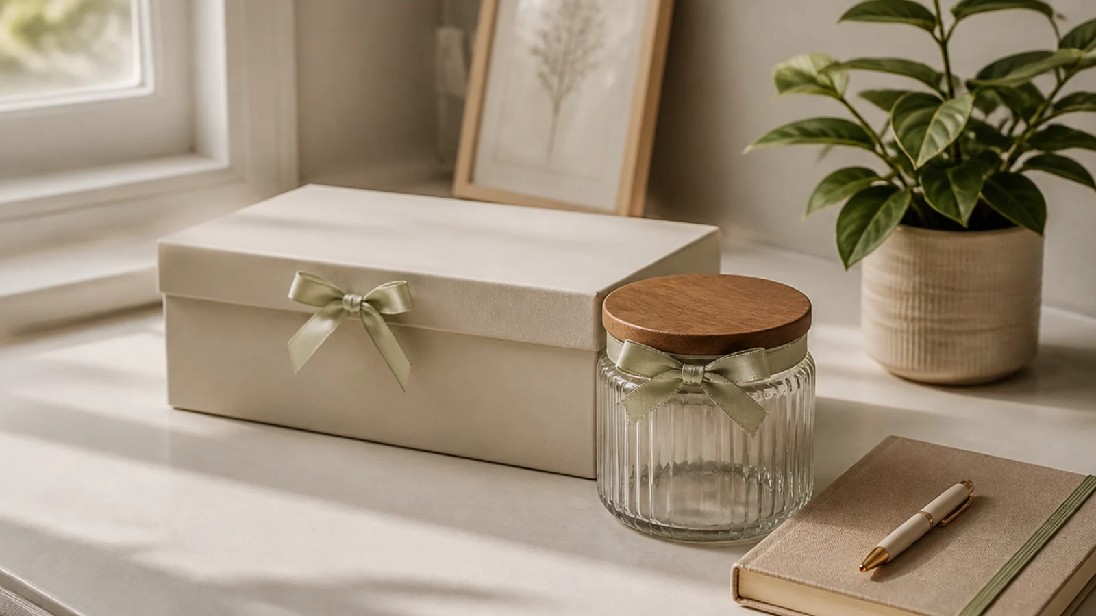 A plain storage box and a jar dressed up with small satin ribbon bows in a soft palette color.