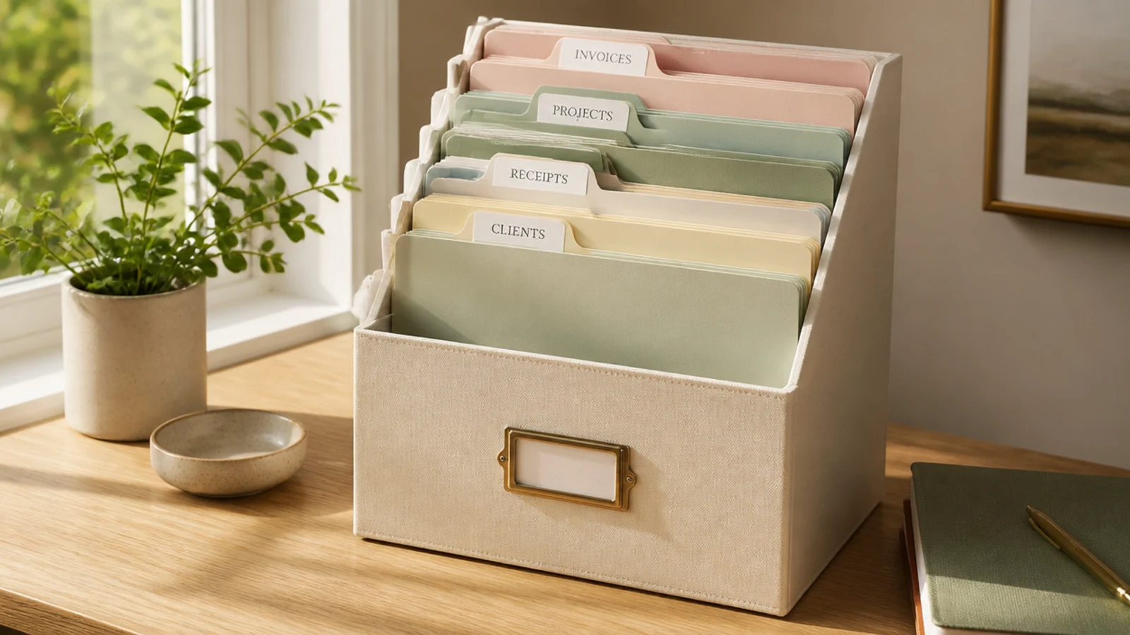 A vertical sorter holding pastel file folders in blush, mint, and cream, each a different category.