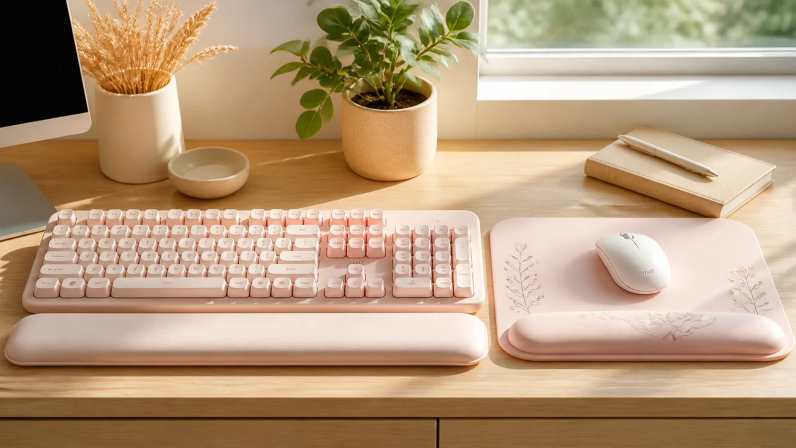 A pastel mouse pad with a matching wrist rest and keyboard rest in a soft color on a tidy desk.