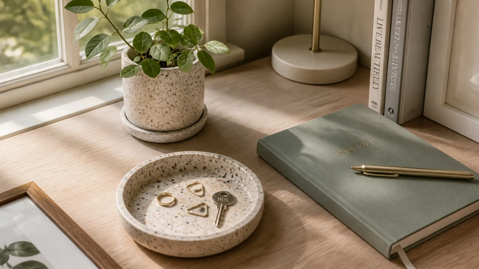 A small speckled terrazzo dish on a desk corner holding a ring, a few clips, and a spare key.