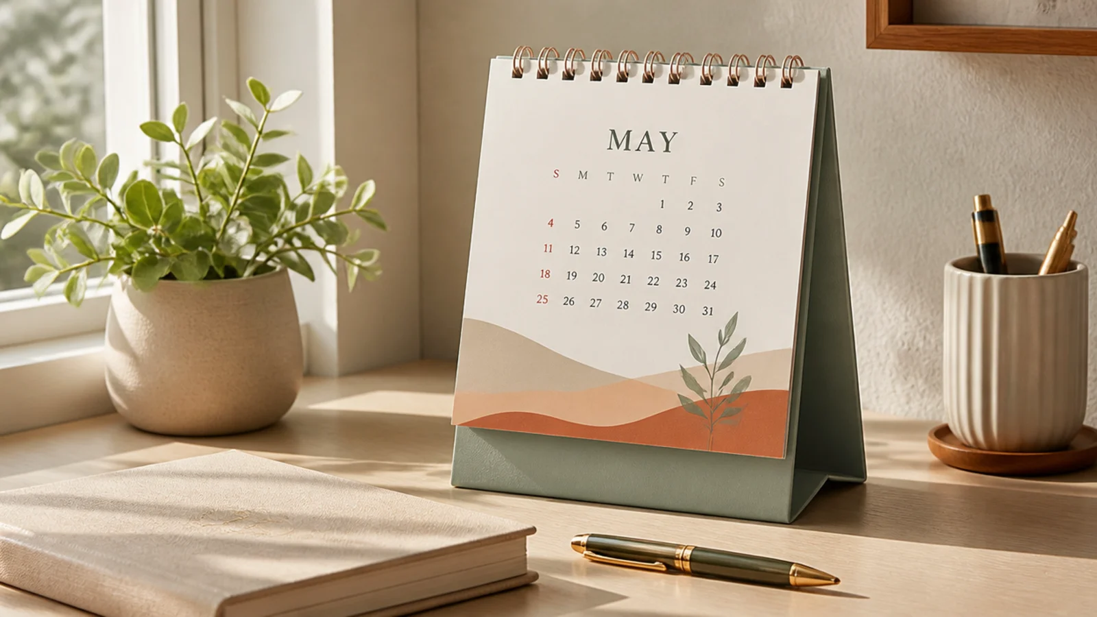 A small standing easel-style desk calendar in soft tones sitting beside a pen at the back of a desk.