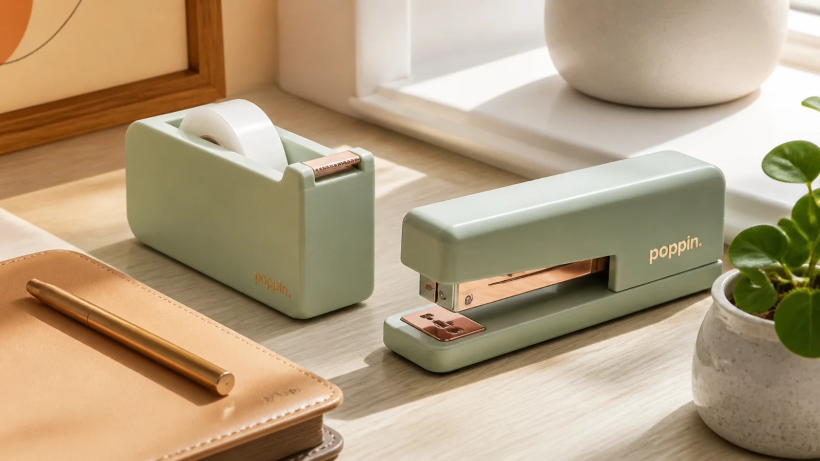 A matching pastel tape dispenser and stapler sitting together neatly at the side of a desk.