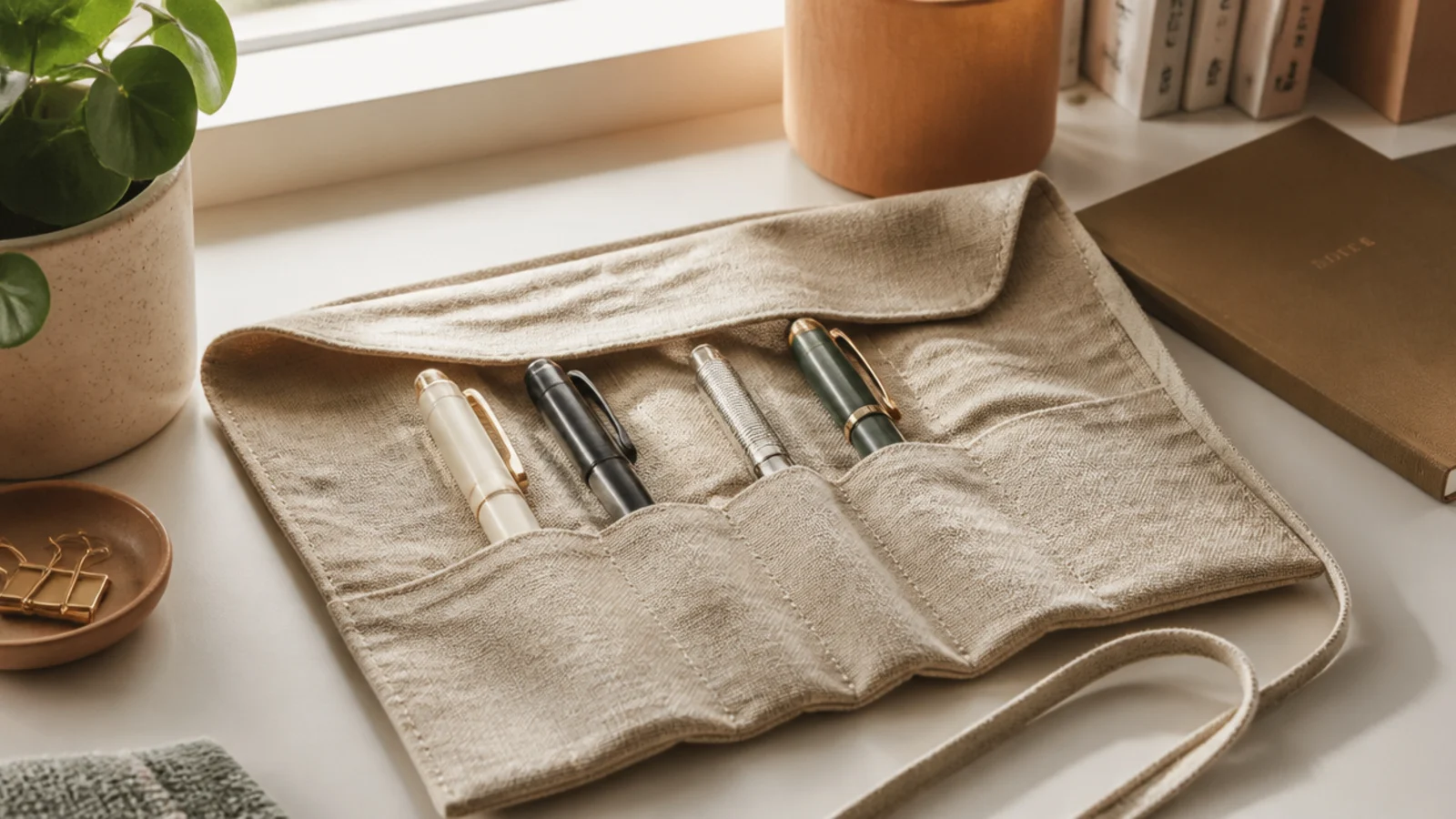 A soft linen pen roll partly unrolled on a desk, holding a few favorite pens in fabric loops.