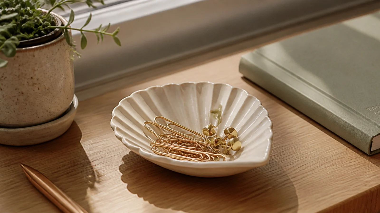 A tiny shell-shaped ceramic dish holding gold paper clips and a few pushpins on a desk.