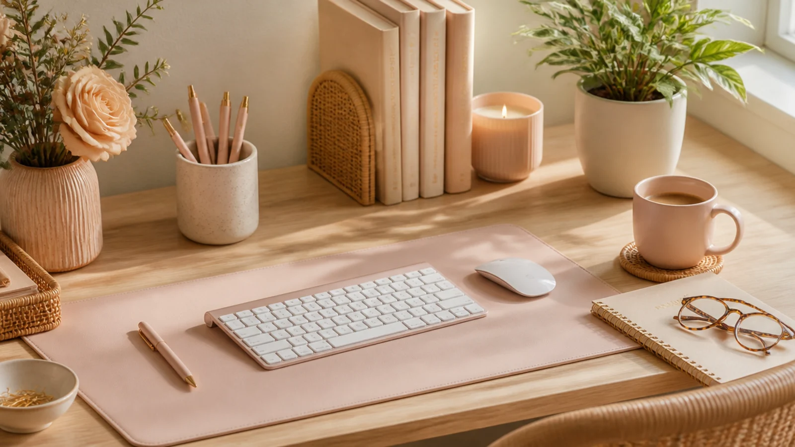 A whole desk styled in a tight blush, cream, and rattan palette, every accessory sharing the same soft colors.