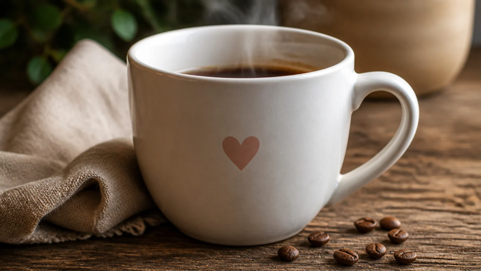 A white mug with one small solid blush-pink heart painted beside the handle where a thumb rests.