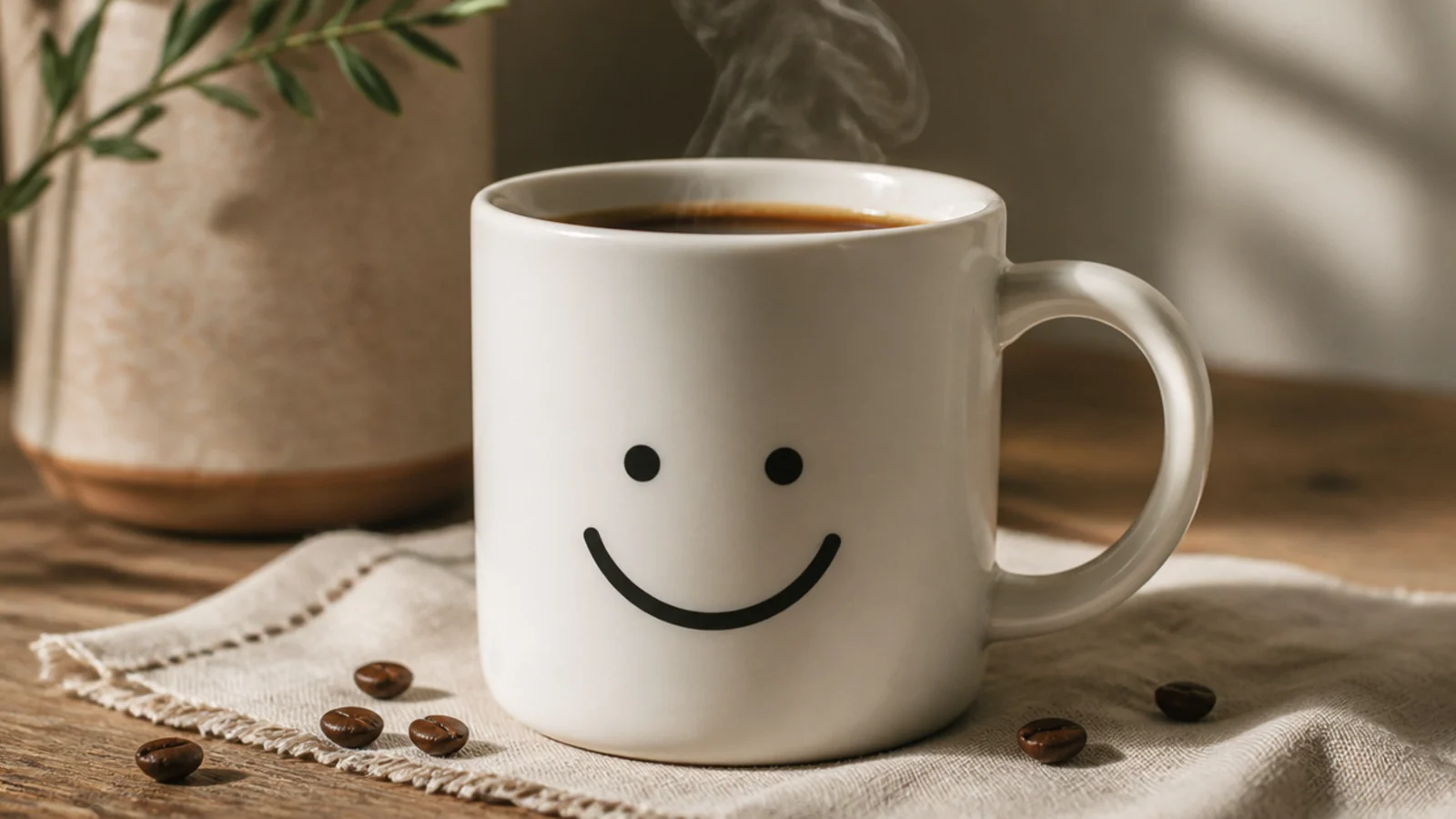 A white mug with a simple black smiley face - two dot eyes and a curved smile - centered on the front.