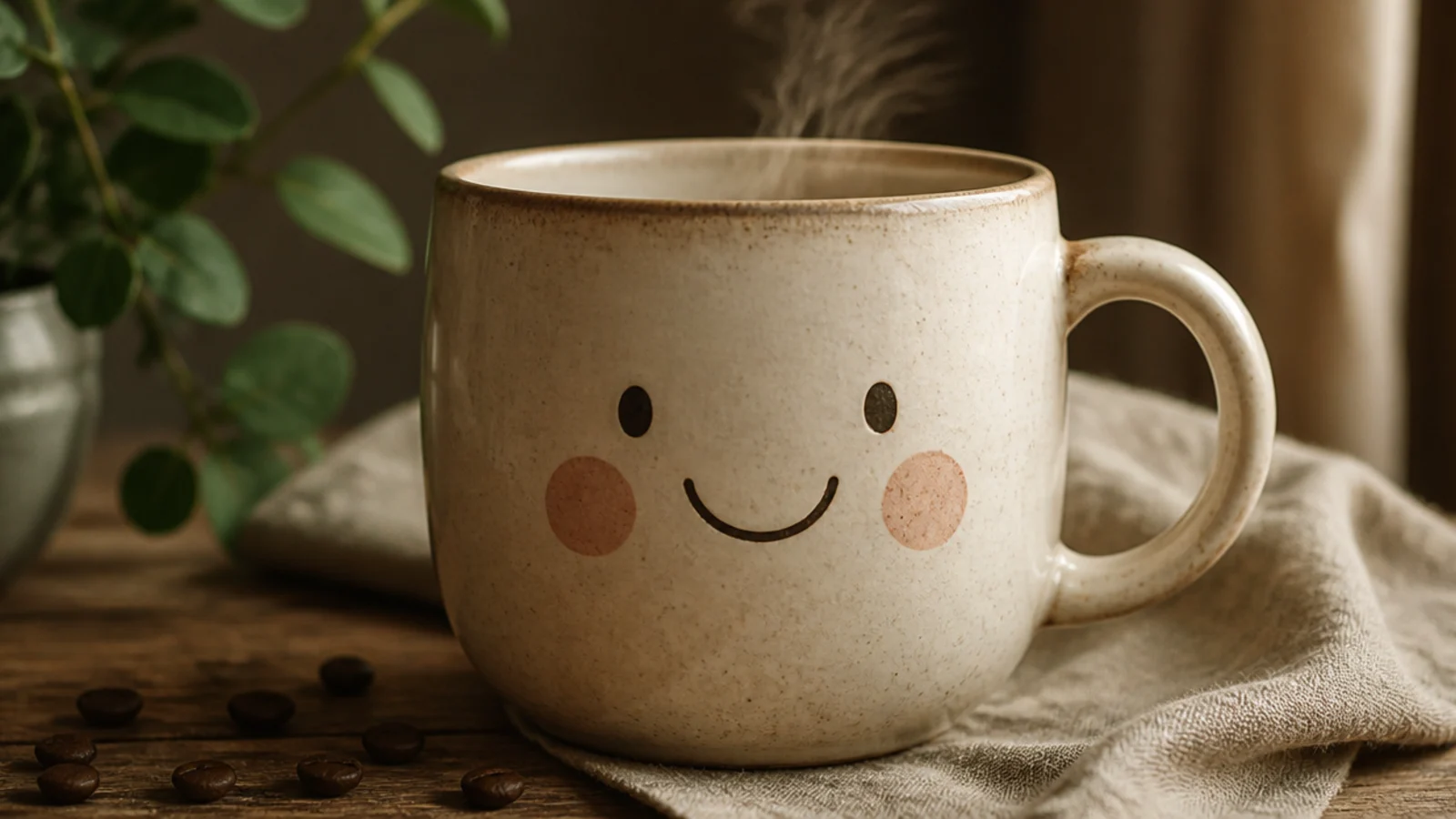 A cream mug with a smiling face that has two round blush cheeks below simple dot eyes.