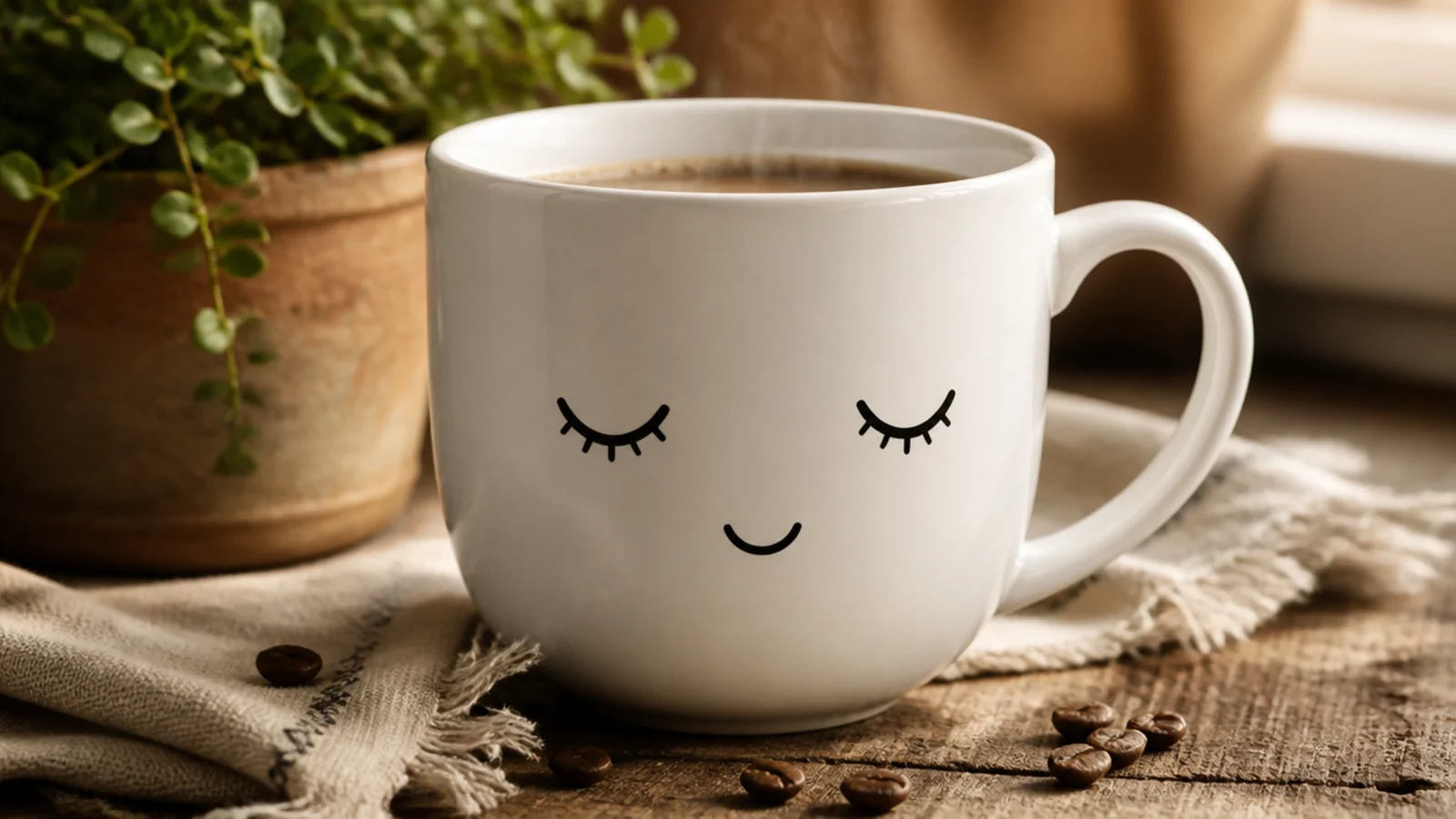 A white mug with a calm sleepy face - two downward-curved closed eyes and a tiny smile - on the front.