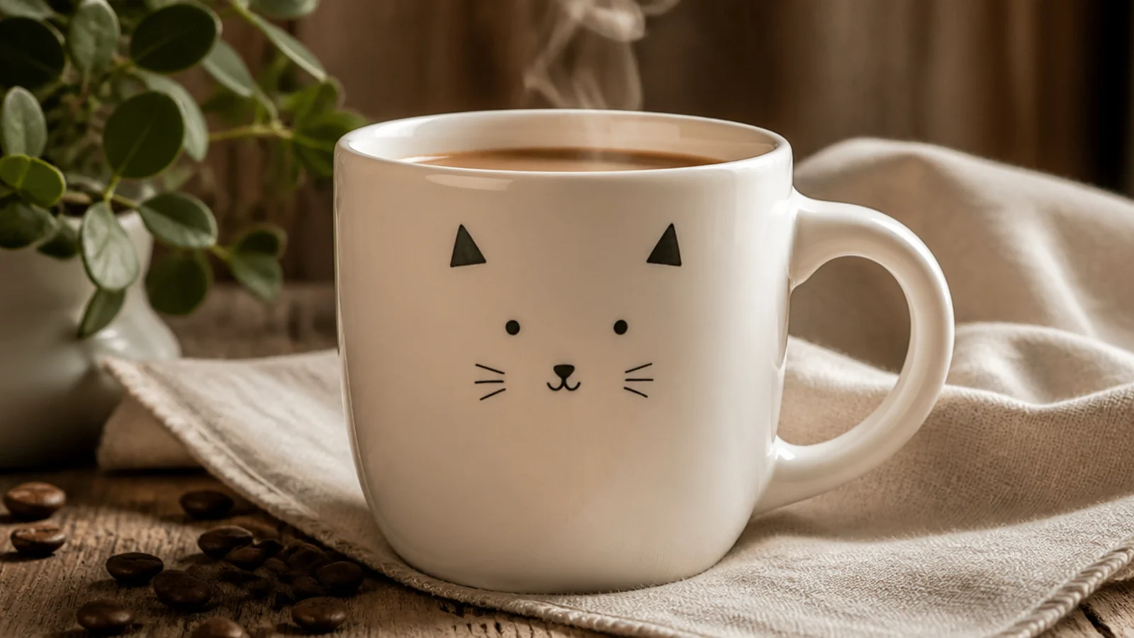 A white mug with a minimalist cat face - two triangle ears near the top, dot eyes, and tiny whiskers - on the front.