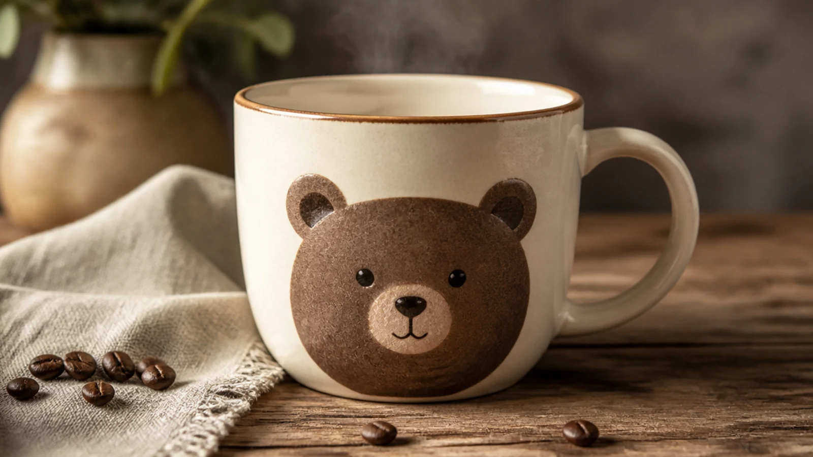 A cream mug with a round brown bear face - two rounded ears, dot eyes, and an oval snout - on the front.