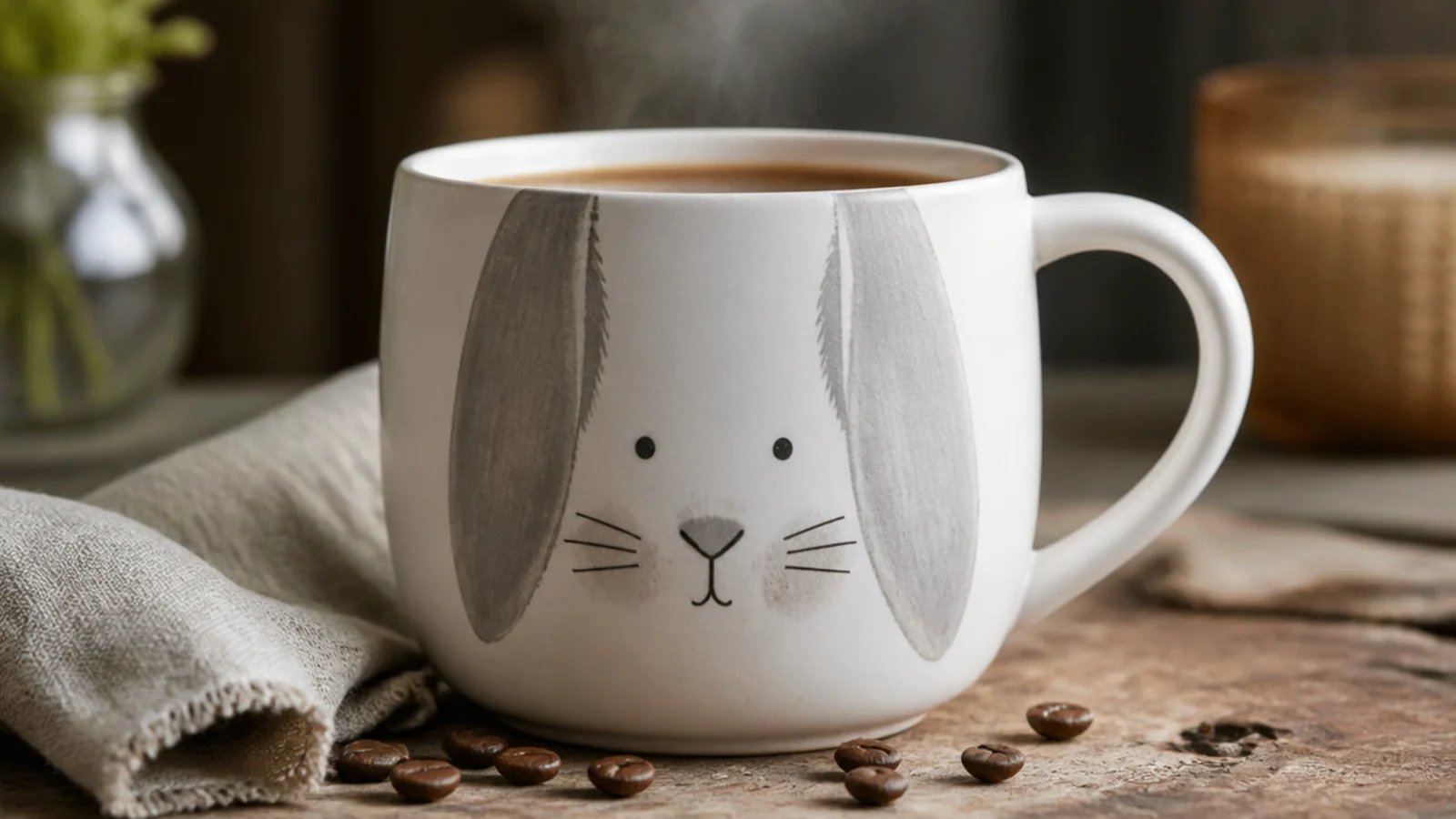 A white mug with a bunny face and two long floppy ears painted in soft grey draping down the front.