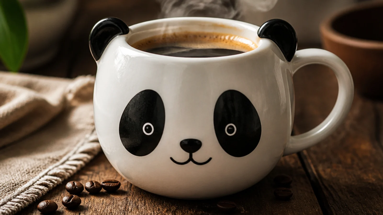 A white mug with a panda face - black rounded ears, black eye patches, and a small nose - on the front.
